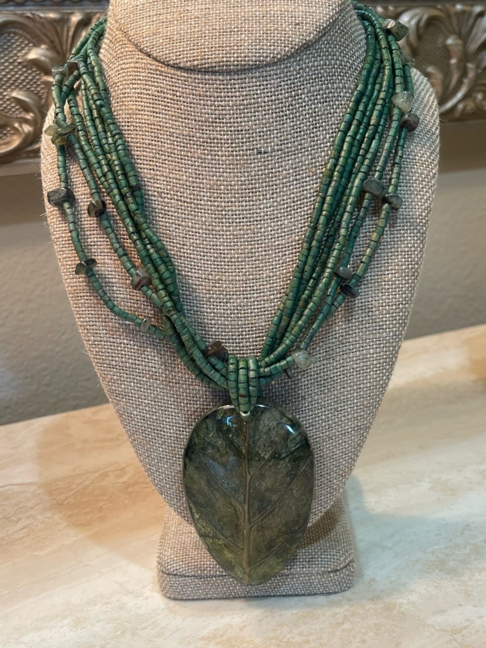 Handcrafted Green Leaf Pendant Multi-Strand Necklace